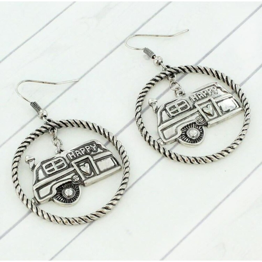 Silver Hoop Happy Camper Earrings NEW Vintage Travel Trailer Charm French Hook - Picture 3 of 6